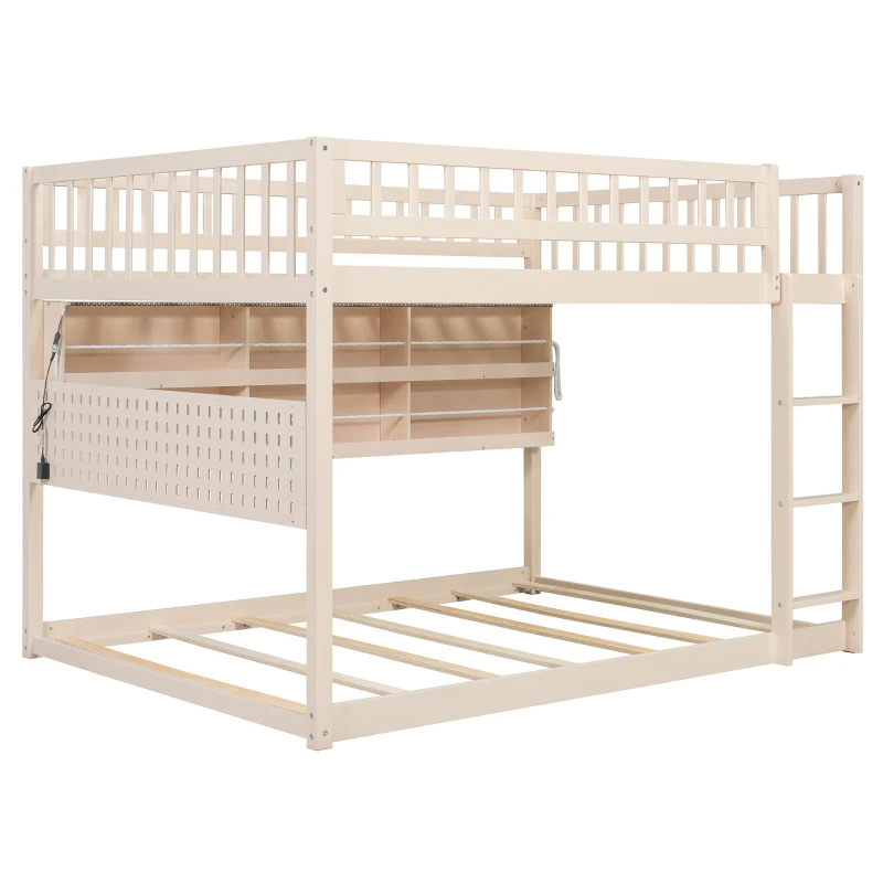 Full Over Full Bunk Bed with Convenient Storage Headboard, Unique Bed Frame with Multi-Color Light Strip, 79" L x 57.5" W x 57" H, Beige