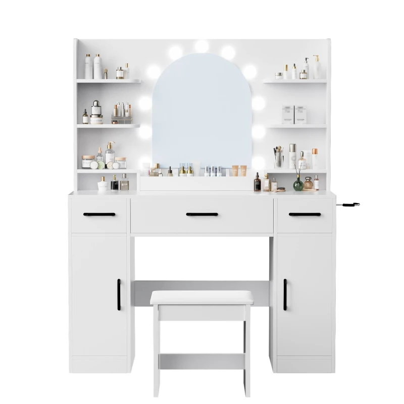 Large Makeup Vanity Desk with 6 Open Shelves and 3 Drawers, Functional Makeup Vanity with Dimmable LED Mirror, 44.5" L x 14" W x 55" H, White