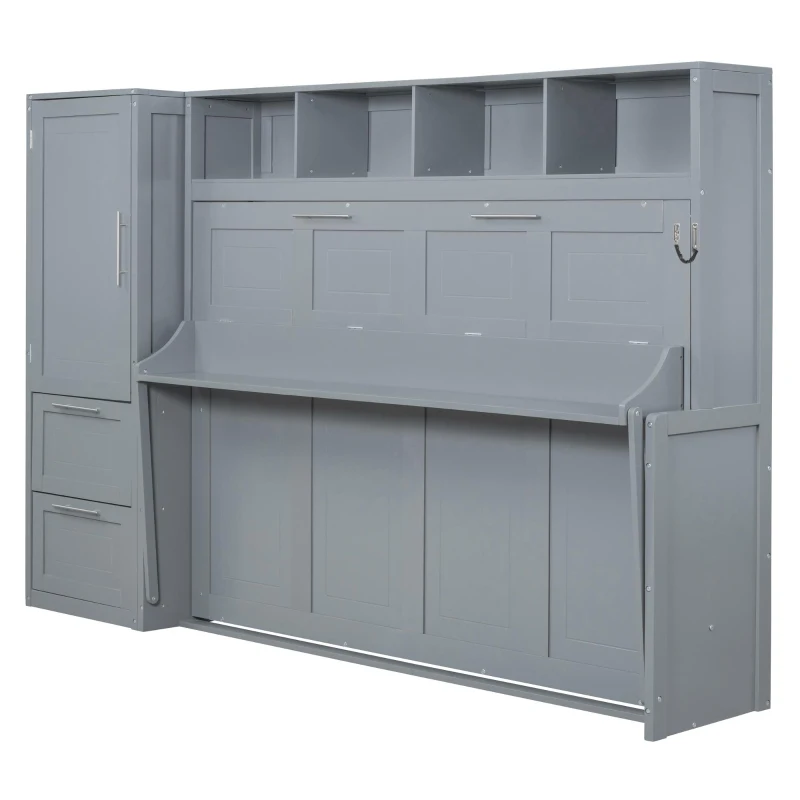 Queen Size Murphy Wall Bed with Storage Shelf, Space‑Saving Bed Frame with Integrated Closet and 2 Drawers, 112" L x 65" W x 78.5" H, Gray