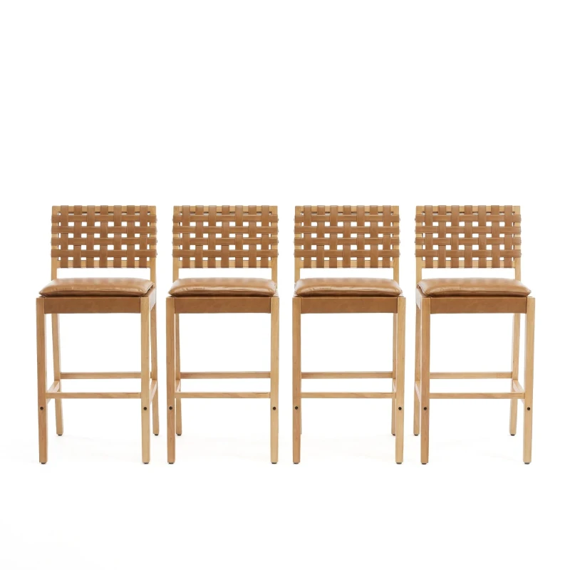Modern Bar Stools with Hand‑Woven PU Back, Strap-Back Bar Chairs with Padded PU Seat, 18'' L x 21.5'' W x 40.5'' H, Brown+Natural