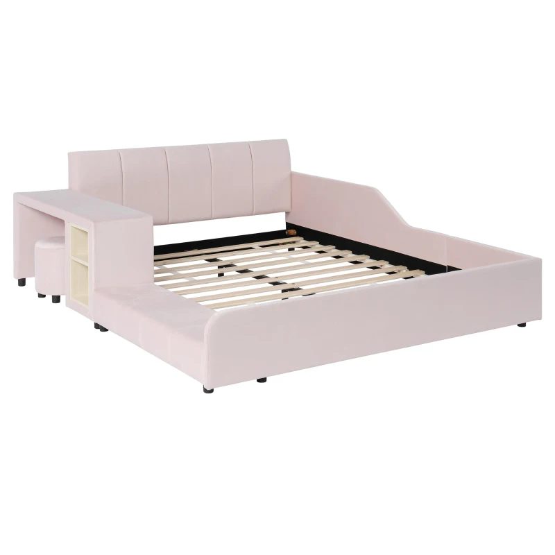 Full Size Upholstered Platform Bed with Bedside Desk and Stool, Cozy Bed Frame with Streamlined Structure, 79.5" L x 68" W x 28" H, Pink