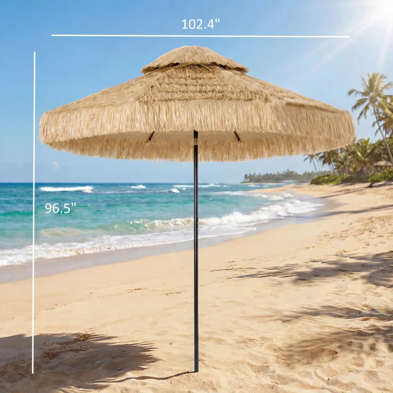Outsunny 8.5 FT Hula Thatched Tiki Patio Umbrella, 2-Tier Tropical Hawaiian Style Outdoor Umbrella with 8 Ribs, UPF30+, Khaki
