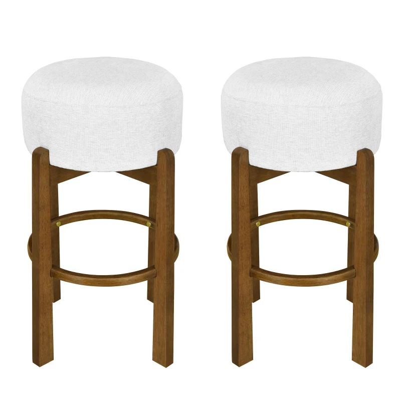 Indoor Round Seat Bar Stools with Solid Rubberwood Frame, Non-Swivel Bar Chairs with Padded Upholstered Seat, 19.5'' L x 19.5'' W x 30'' H, Ivory+Walnut