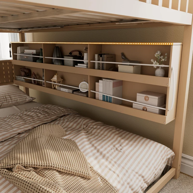 Full Over Full Bunk Bed with Convenient Storage Headboard, Unique Bed Frame with Multi-Color Light Strip, 79" L x 57.5" W x 57" H, Beige