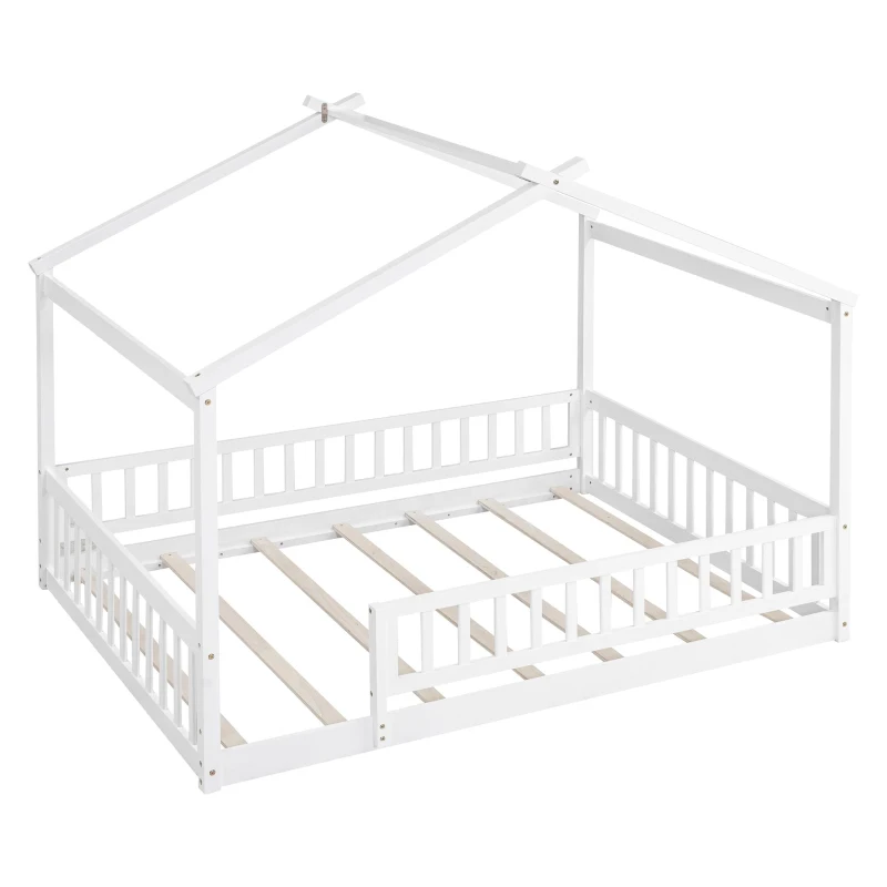 Full Size Wood House Bed with Roof and Fence, Sturdy Pinewood Bed Frame for Kids and Teens, 79.5" L x 57" W x 63" H, White