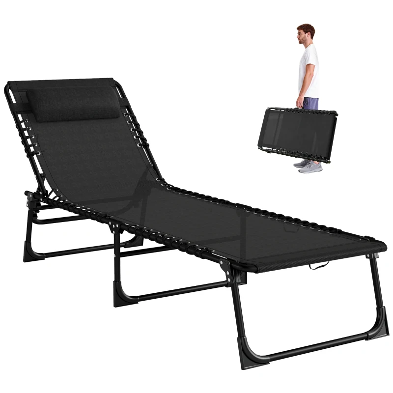Outsunny Folding Chaise Lounge Pool Chair with 4-Position Reclining Back, Pillow, Breathable Mesh & Bungee Seat, Black