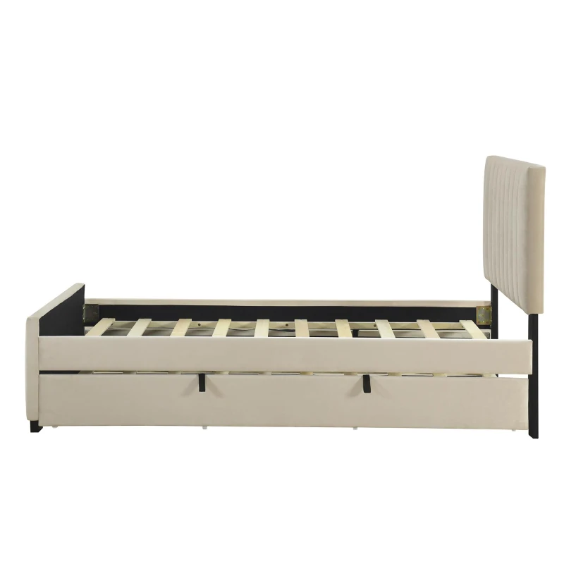 Space-Saving Twin Size Upholstered Platform Bed with Trundle Under Bed, Bed Frame with Velvet Fabric, 80" L x 41.5" W x 42.5" H, Beige