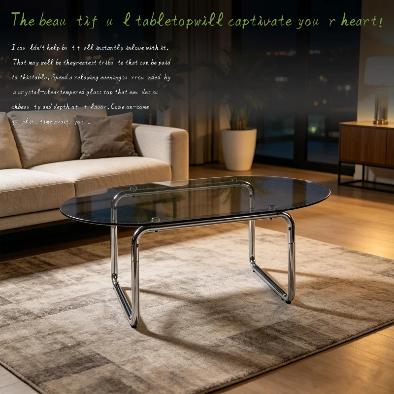 Curved Tempered Glass Coffee Table with Fingerprint-Resistant Top, Minimalist Center Table with U-Shaped Metal Legs, 35.5'' L x 23.5'' W x 15'' H, Grey
