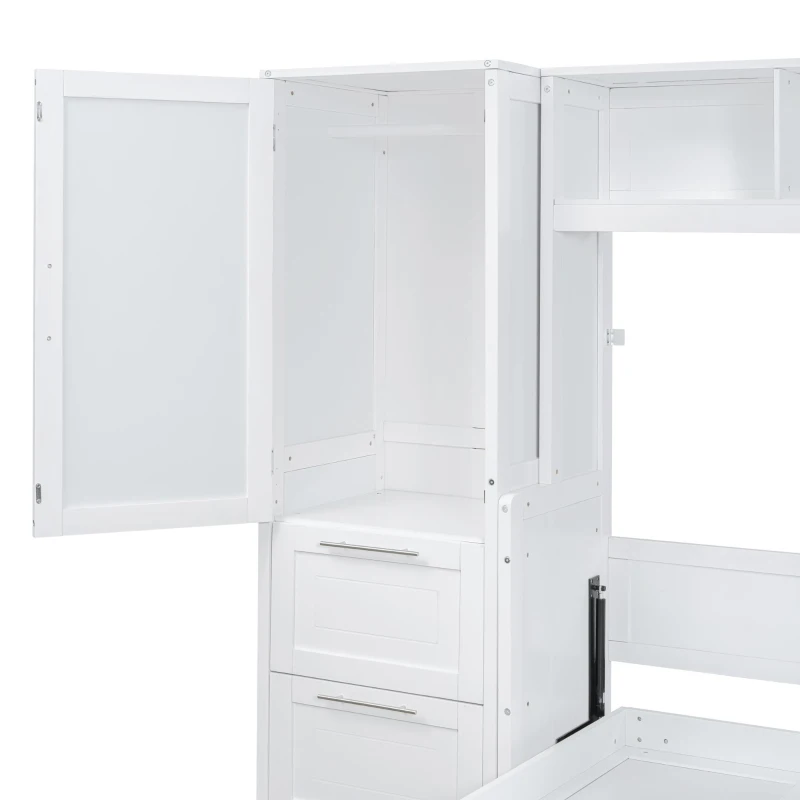 Queen Size Murphy Wall Bed with Storage Shelf, Space‑Saving Bed Frame with Integrated Closet and 2 Drawers, 112" L x 65" W x 78.5" H, White
