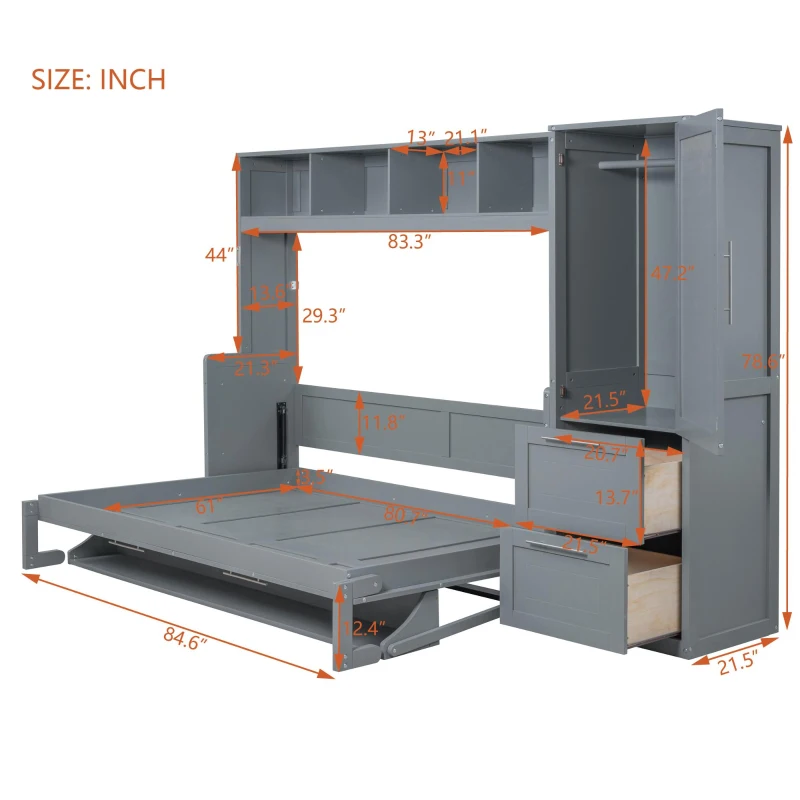 Queen Size Murphy Wall Bed with Storage Shelf, Space‑Saving Bed Frame with Integrated Closet and 2 Drawers, 112" L x 65" W x 78.5" H, Gray