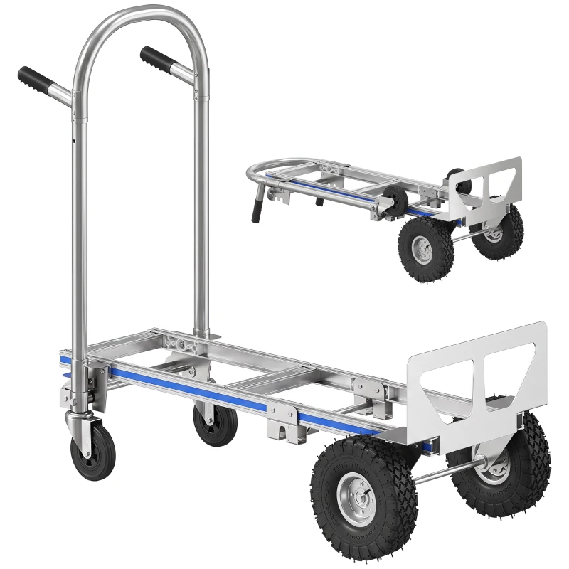 Soozier 4-Wheel/2-Wheel Cargo Cart, 2-in-1 Folding Hand Truck with Aluminum Alloy Frame and Steel Handle, Capacity, Silver Tone