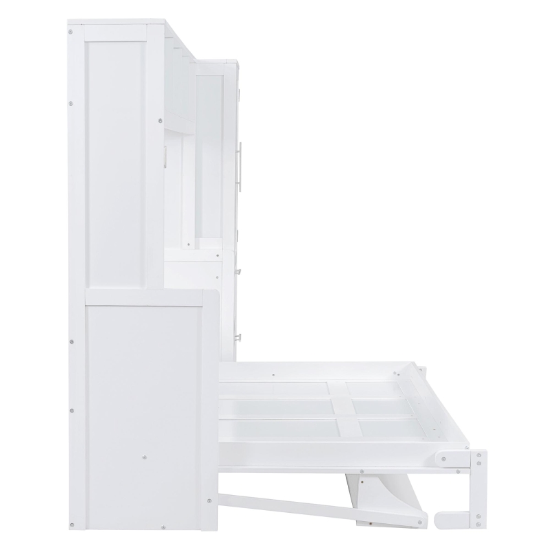 Queen Size Murphy Wall Bed with Storage Shelf, Space‑Saving Bed Frame with Integrated Closet and 2 Drawers, 112" L x 65" W x 78.5" H, White