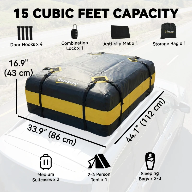 Outsunny Rooftop Cargo Carrier, 15 Cubic Feet Waterproof Soft-Shell Car Roof Storage Bag with Door Hooks, Anti-Slip Mat