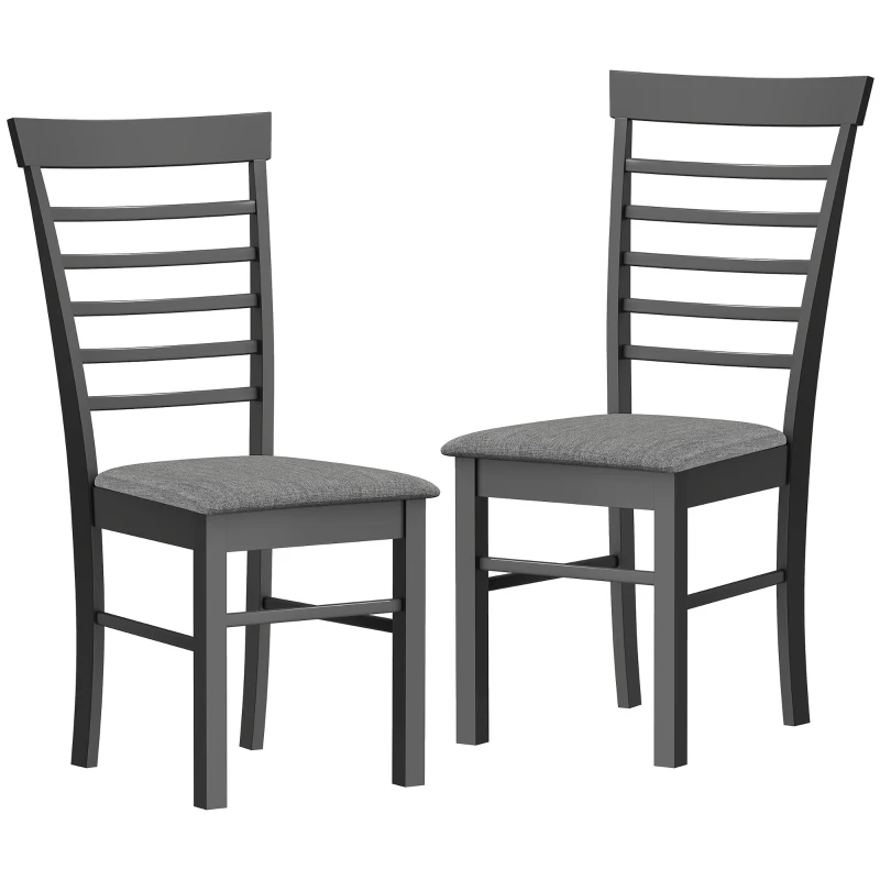 HOMCOM Wooden Dining Chairs Set of 2, Farmhouse Upholstered Kitchen Chairs with Rubber Wood Frame, Black and Gray