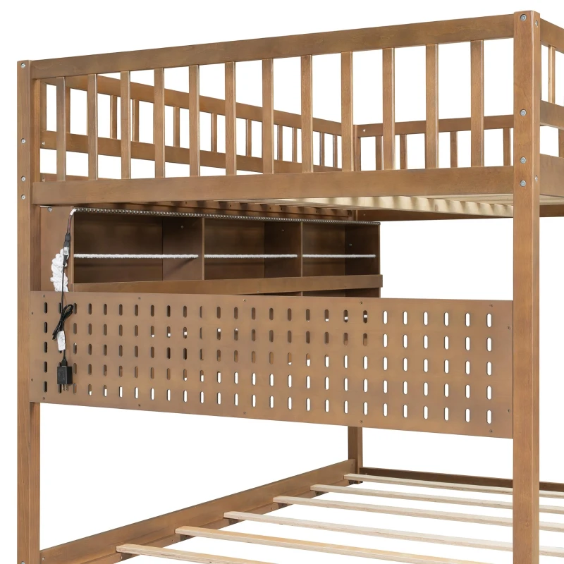 Full Over Full Bunk Bed with Convenient Storage Headboard, Unique Bed Frame with Multi-Color Light Strip, 79" L x 57.5" W x 57" H, Brown