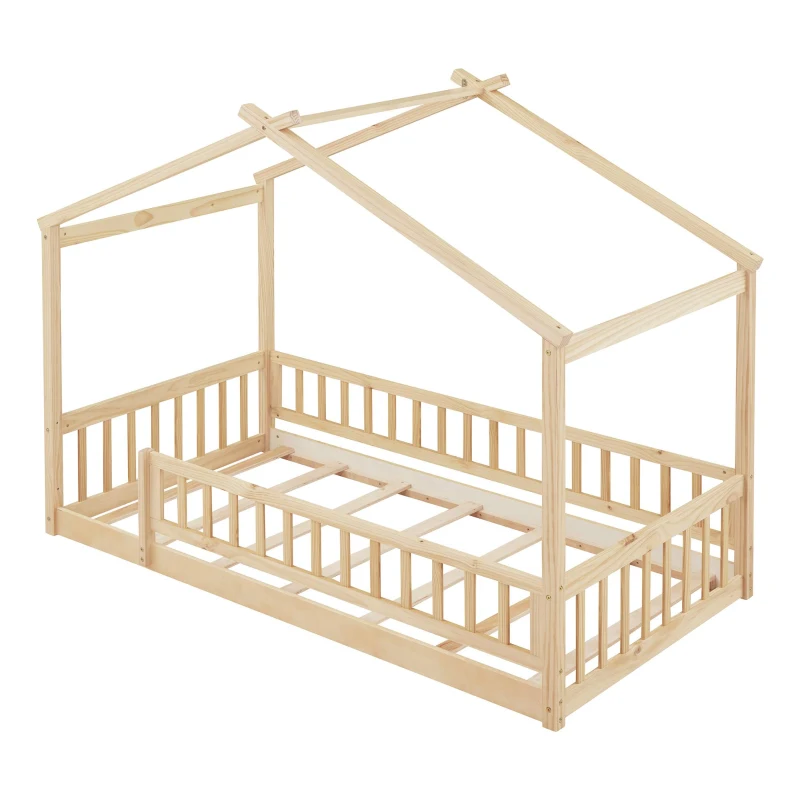 Comfortable Twin House Bed Frame with Roof and Fence, Sturdy Pinewood Platform Bed with Semi-enclosed Space, 79.5" L x 42" W x 63" H, Natural