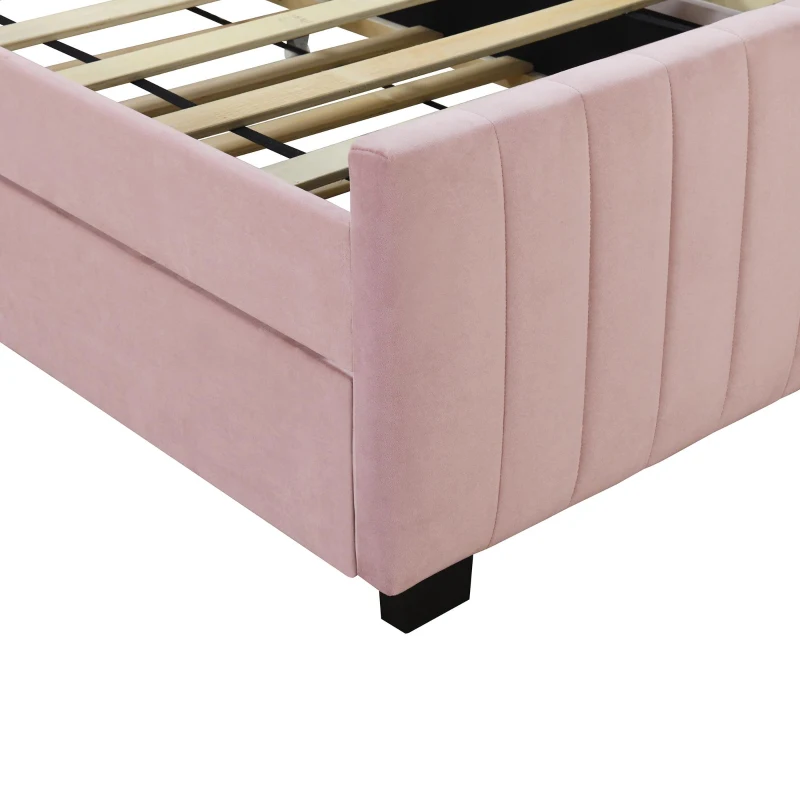 Space-Saving Twin Size Upholstered Platform Bed with Trundle Under Bed, Cozy Bed Frame with Velvet Fabric, 80" L x 41.5" W x 42.5" H, Pink