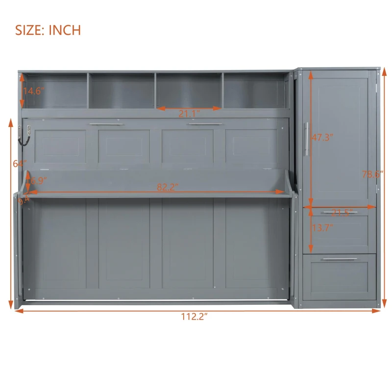 Queen Size Murphy Wall Bed with Storage Shelf, Space‑Saving Bed Frame with Integrated Closet and 2 Drawers, 112" L x 65" W x 78.5" H, Gray