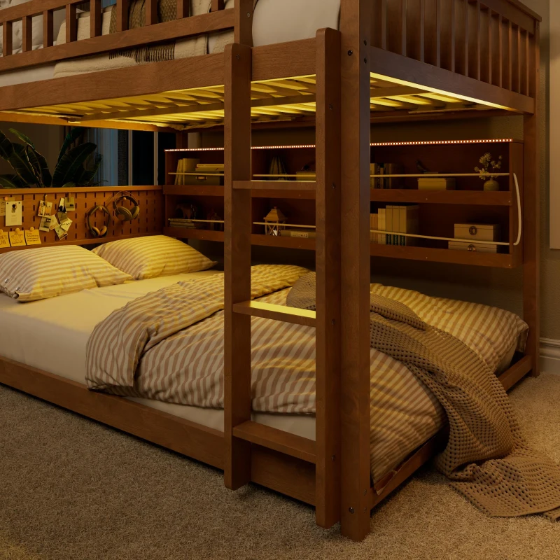 Full Over Full Bunk Bed with Convenient Storage Headboard, Unique Bed Frame with Multi-Color Light Strip, 79" L x 57.5" W x 57" H, Brown