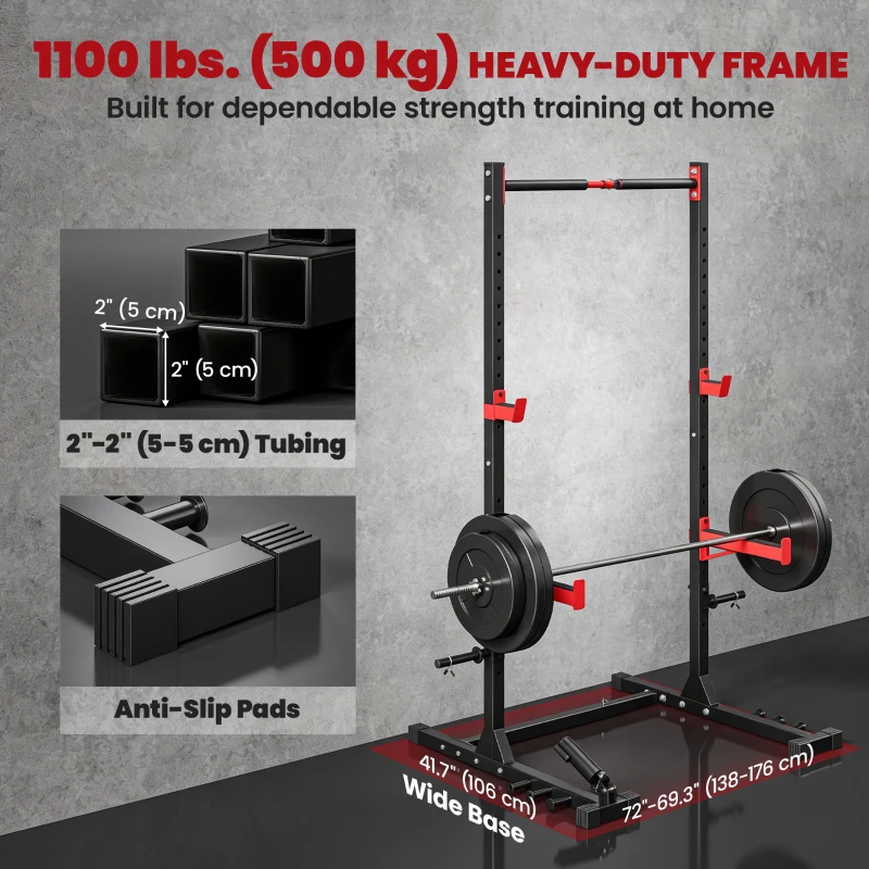 Soozier Power Cage Squat Rack, 1100 lb Capacity Power Rack with Pull-Up Bar, Adjustable Width, Adjustable J-Hooks, Safety Arms