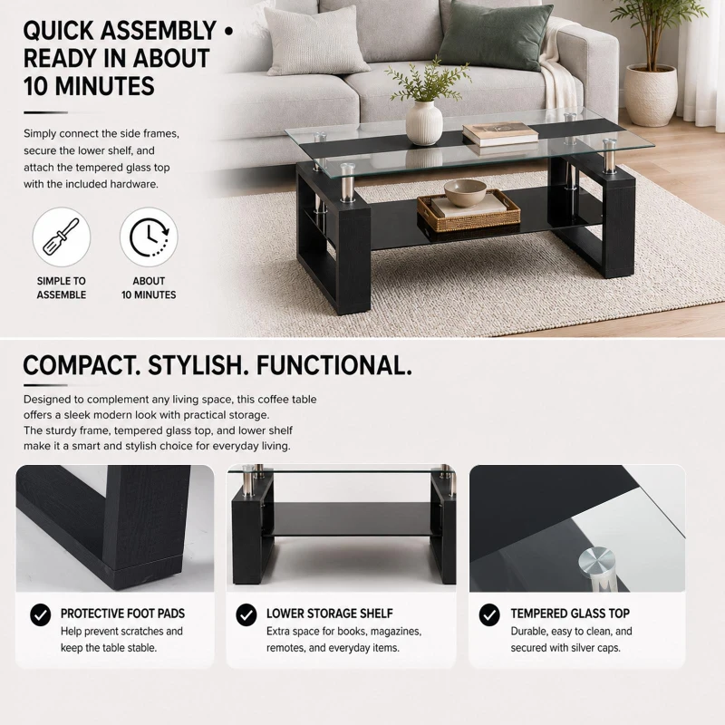 Modern Glass Coffee Table with Wood-Grain MDF Legs, Minimalist Center Table with 2-Tier Storage, 34.5'' L x 18.5'' W x 17.5'' H, Black