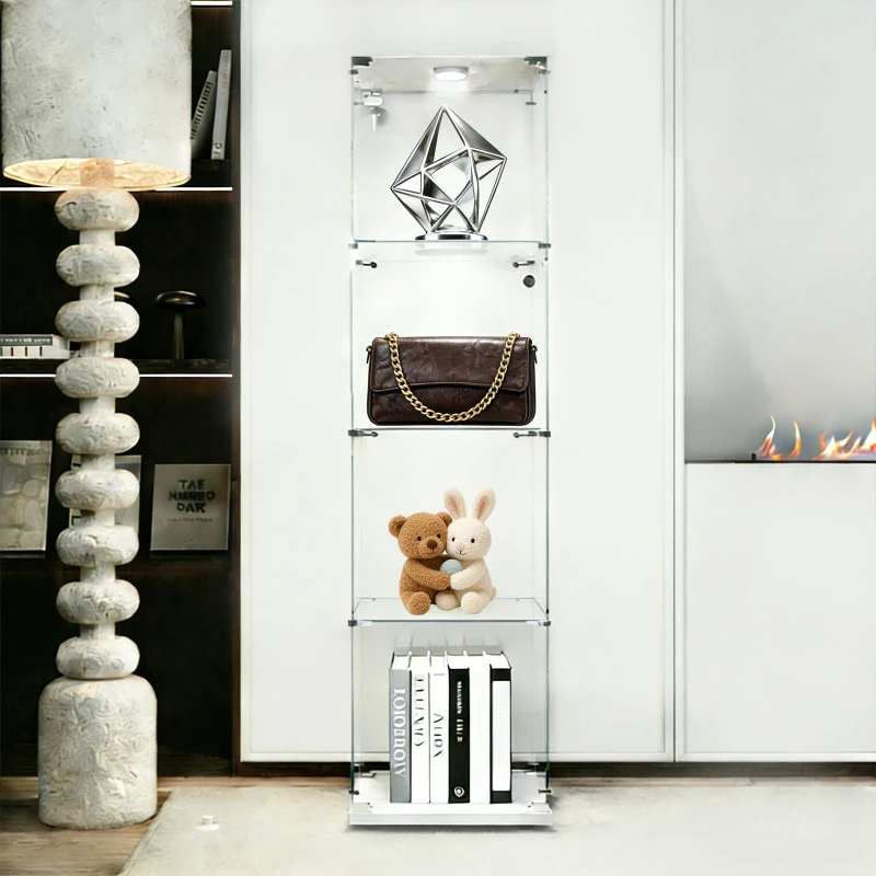 Floor-Standing Curio Bookcase with Tempered Glass Door, LED Glass Display Cabinet with Adjustable Feet, 16.5'' L x 14.5'' W x 64.5'' H, White
