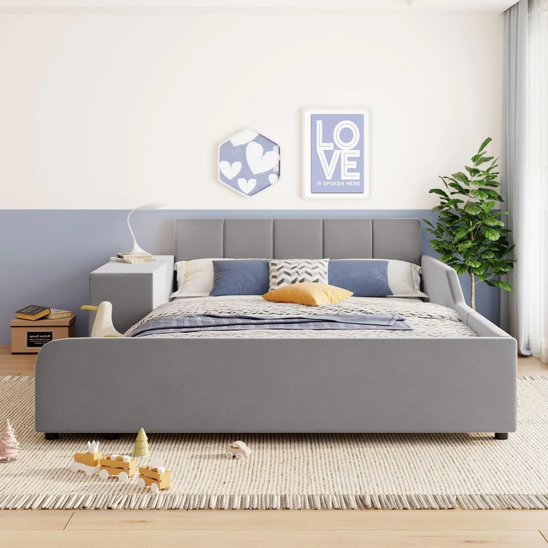 Full Size Upholstered Platform Bed with Bedside Desk and Stool, Cozy Bed Frame with Streamlined Structure, 79.5" L x 68" W x 28" H, Gray