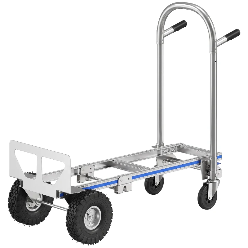 Soozier 4-Wheel/2-Wheel Cargo Cart, 2-in-1 Folding Hand Truck with Aluminum Alloy Frame and Steel Handle, Capacity, Silver Tone
