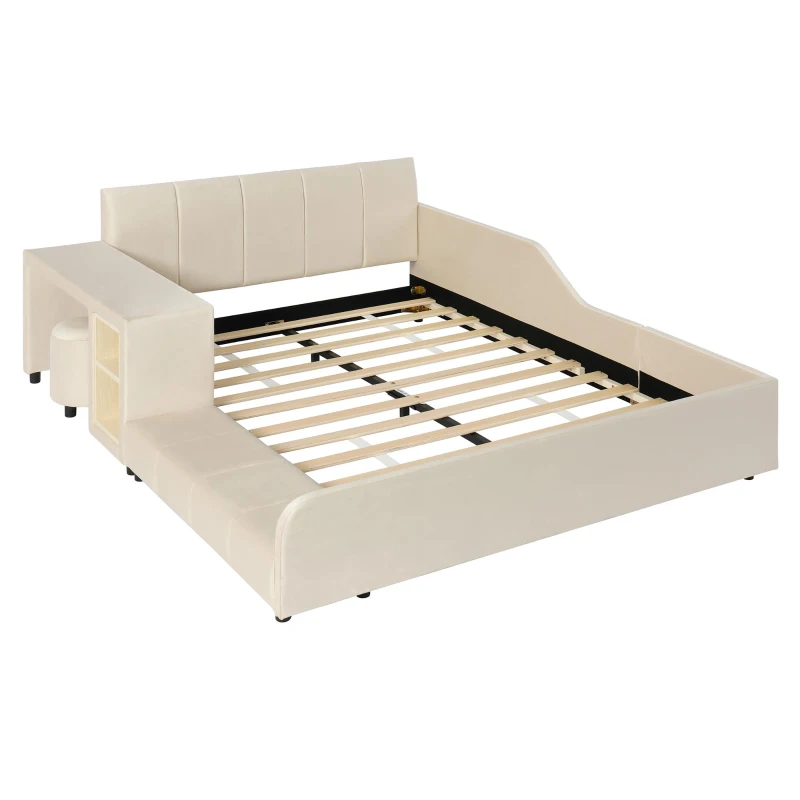 Full Size Upholstered Platform Bed with Bedside Desk and Round Stool, Cozy Bed Frame with Streamlined Structure, 79.5" L x 68" W x 28" H, Beige