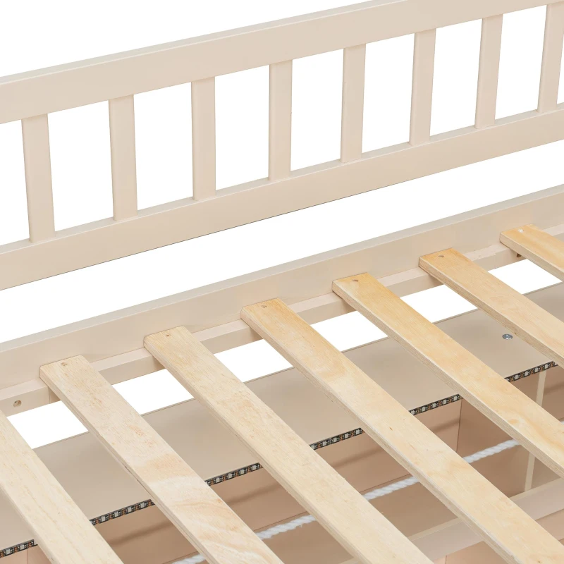Full XL Over Queen Bunk Bed with Built-In Storage Shelf and Safety Rope, Useful Bed Frame with Pegboard Side Panel, 83.5" L x 62.5" W x 59" H, Beige