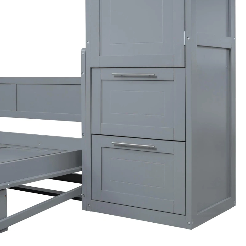 Space-Saving Full Size Murphy Wall Bed with Integrated Shelf, Customizable Bed Frame with Closet and 2 Drawers, 107.5" L x 58" W x 72" H, Gray