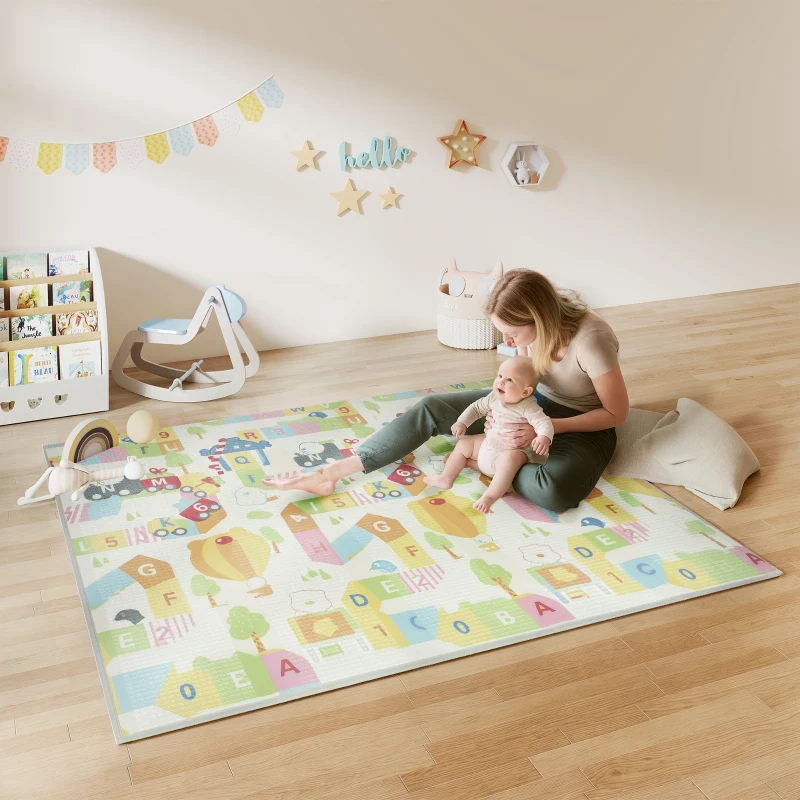 Qaba Foldable & Reversible Baby Play Mat, 79" x 71" Foam Floor Mat, Non-Slip Waterproof Crawling, Alphabet & Cloud Design