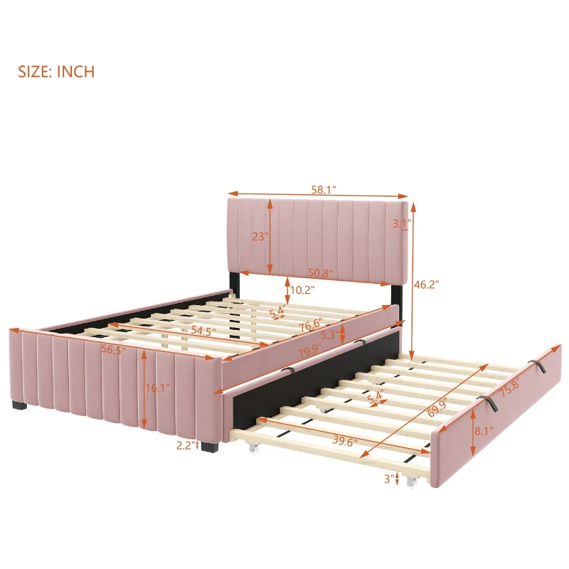 Space-Saving Full Size Upholstered Platform Bed with Twin-Size Trundle, Solid Bed Frame with 10 Reinforced Slats, 80" L x 58" W x 46" H, Pink