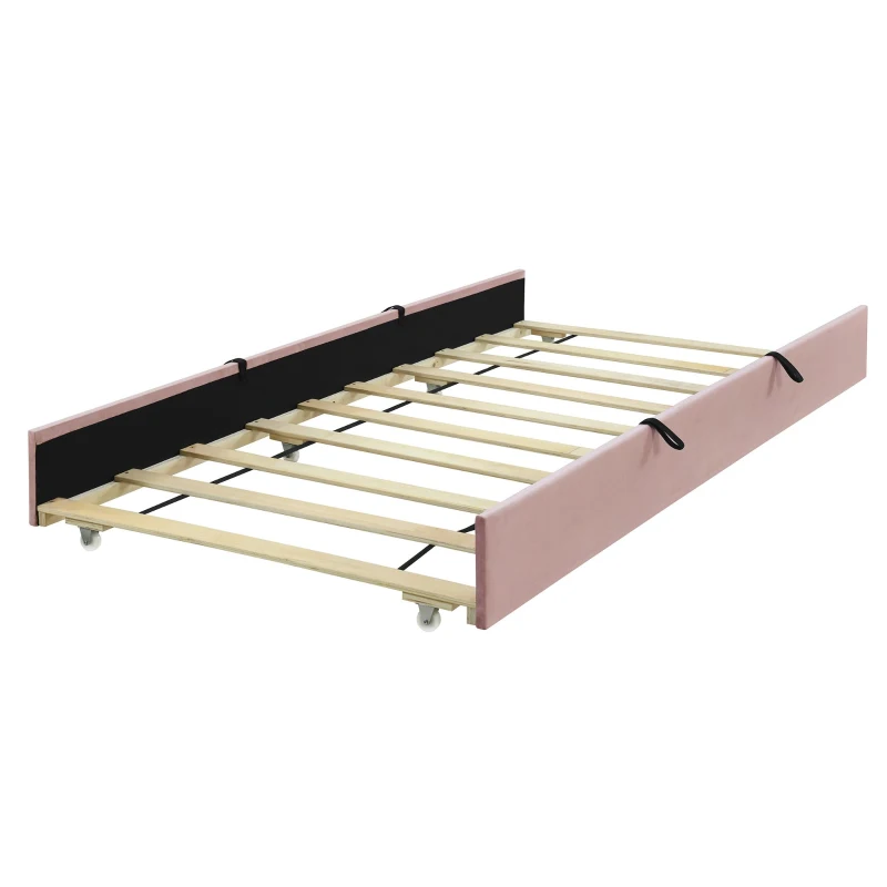 Space-Saving Twin Size Upholstered Platform Bed with Trundle Under Bed, Cozy Bed Frame with Velvet Fabric, 80" L x 41.5" W x 42.5" H, Pink