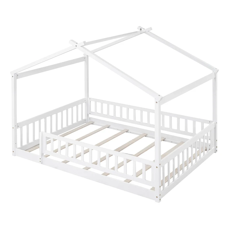 Full Size Wood House Bed with Roof and Fence, Sturdy Pinewood Bed Frame for Kids and Teens, 79.5" L x 57" W x 63" H, White