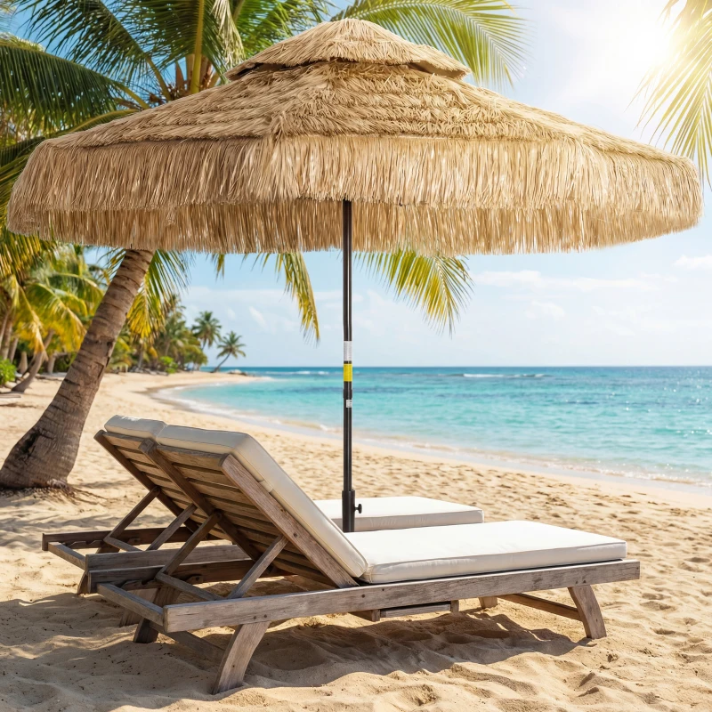 Outsunny 8.5 FT Hula Thatched Tiki Patio Umbrella, 2-Tier Tropical Hawaiian Style Outdoor Umbrella with 8 Ribs, UPF30+, Khaki