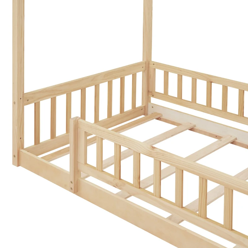 Comfortable Twin House Bed Frame with Roof and Fence, Sturdy Pinewood Platform Bed with Semi-enclosed Space, 79.5" L x 42" W x 63" H, Natural