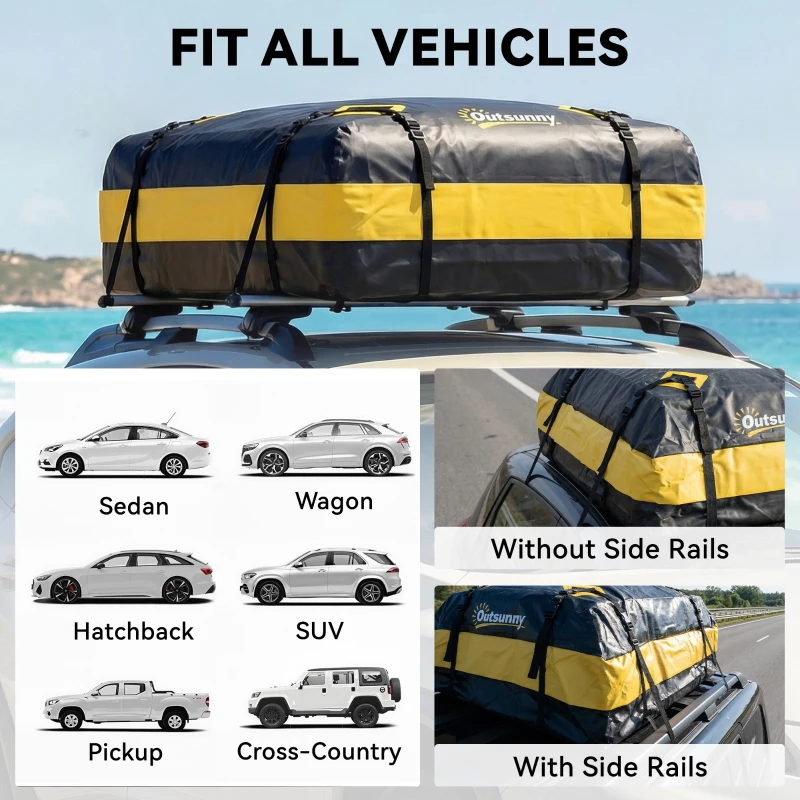 Outsunny Rooftop Cargo Carrier, 15 Cubic Feet Waterproof Soft-Shell Car Roof Storage Bag with Door Hooks, Anti-Slip Mat