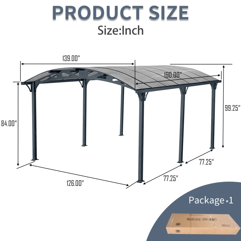 Outdoor Arch Carport with Galvanized Steel Connectors, Covered Driveway Shelter with Ground Anchor Kit, 139'' L x 190'' W x 99'' H, Gray
