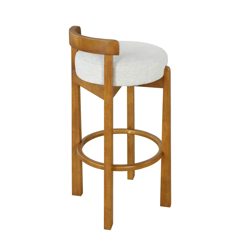 Modern Round Seat Bar Stools with Ergonomic Curved Backrest, Sherpa Padded Chairs with Integrated Footrest, 16'' L x 16.5'' W x 34'' H, Ivory+Walnut