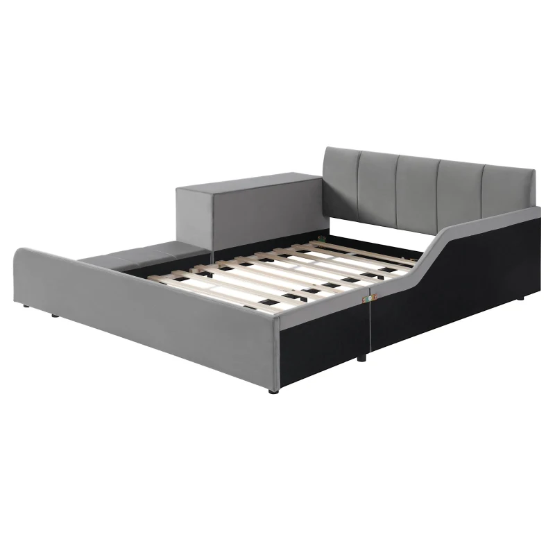 Full Size Upholstered Platform Bed with Bedside Desk and Stool, Cozy Bed Frame with Streamlined Structure, 79.5" L x 68" W x 28" H, Gray