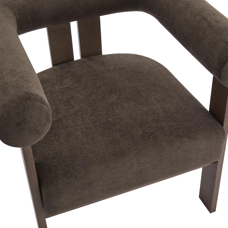Round Arm Accent Chair with Velvet Upholstery, Curved Backrest Armchair with Solid Birch Wood Base, 31'' L x 29'' W x 30'' H, Dark Brown+Walnut