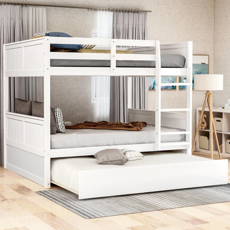 Full-Over-Full Bunk Bed with Pullout Trundle, Space-Saving Bed Frame with 2 Separate Beds, 79.5" L x 57" W x 60" H, White
