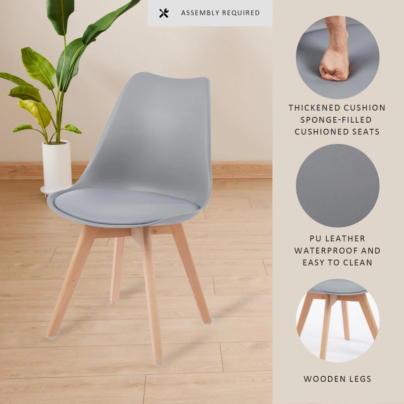 Modern Dining Chairs with Ergonomic High-Density Foam Backrest, Wooden-Legged Side Chairs with PU Leather Upholstery, 19.5L x 16.5W x 32H, Grey