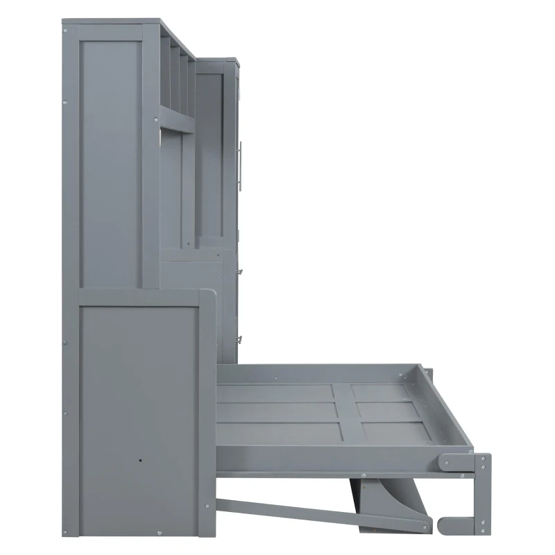 Space-Saving Full Size Murphy Wall Bed with Integrated Shelf, Customizable Bed Frame with Closet and 2 Drawers, 107.5" L x 58" W x 72" H, Gray