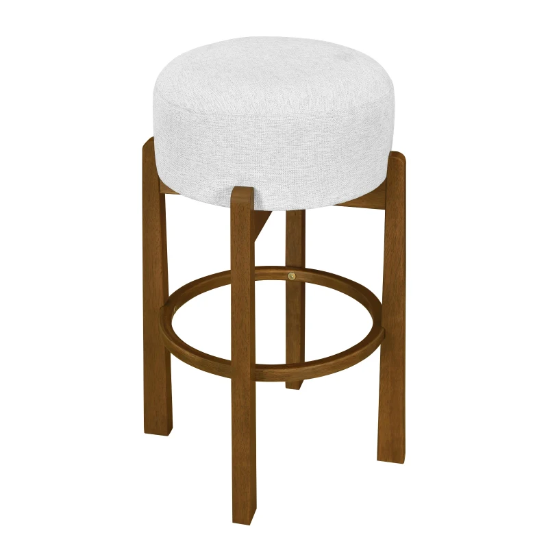 Indoor Round Seat Bar Stools with Solid Rubberwood Frame, Non-Swivel Bar Chairs with Padded Upholstered Seat, 19.5'' L x 19.5'' W x 30'' H, Ivory+Walnut