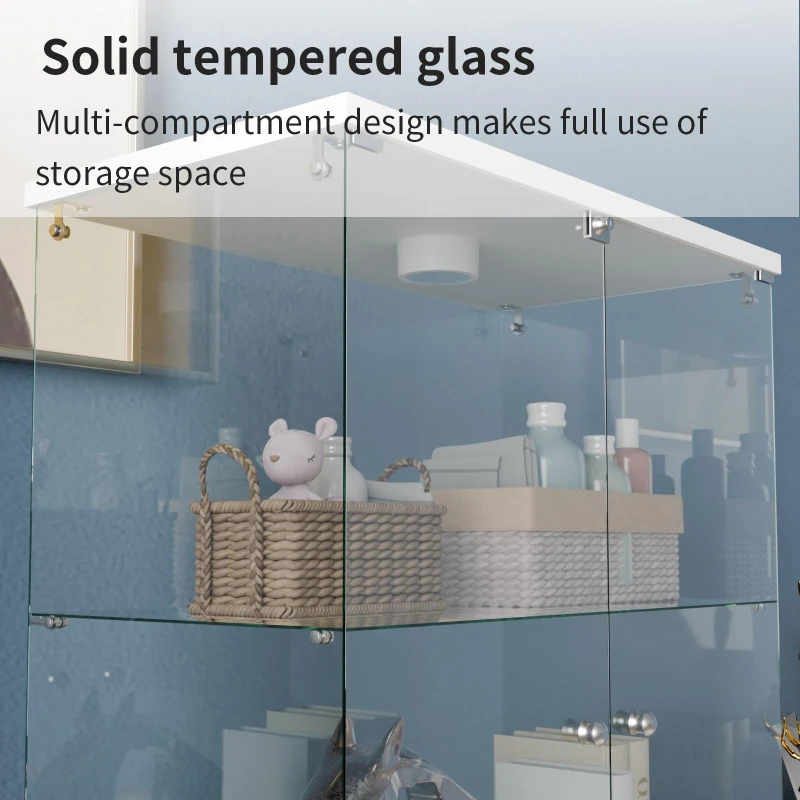 Solid Glass Floor-Standing Showcase with Built-In LED Lighting, LED Glass Display Cabinet with Lockable Doors, 31.5'' L x 14.5'' W x 64.5'' H, White