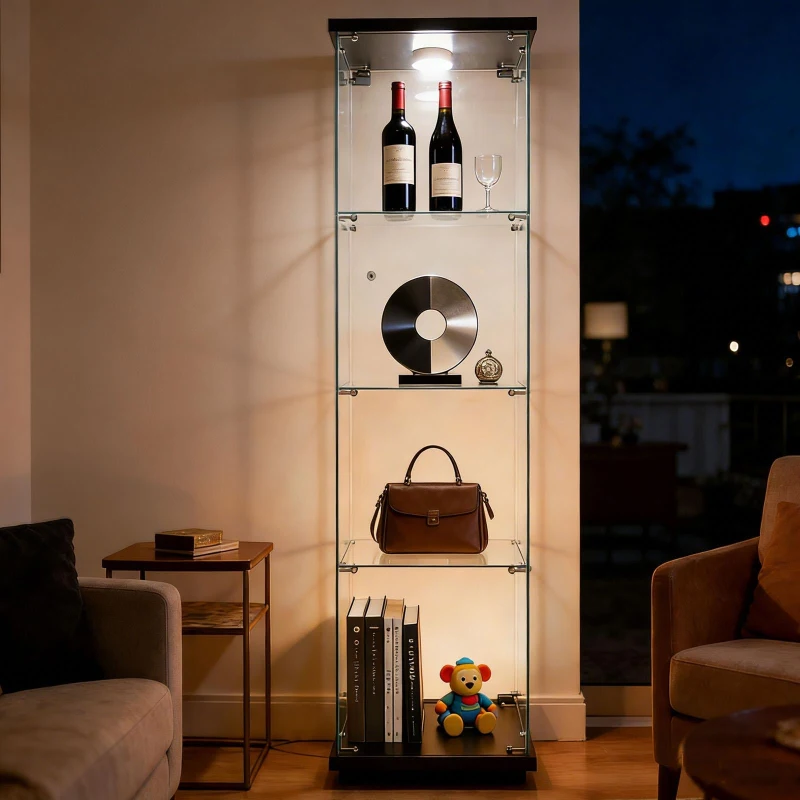 Floor-Standing Curio Bookcase with Tempered Glass Door, LED Glass Display Cabinet with Adjustable Feet, 16.5'' L x 14.5'' W x 64.5'' H, Black