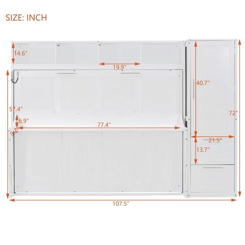 Space-Saving Full Size Murphy Wall Bed with Integrated Shelf, Customizable Bed Frame with Closet and 2 Drawers, 107.5" L x 58" W x 72" H, White