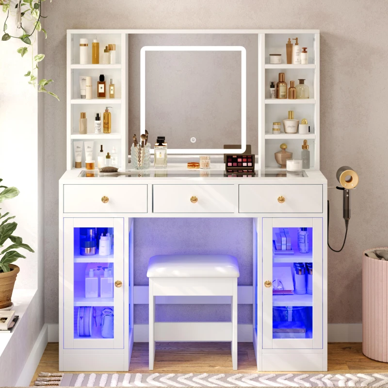 Aesthetic Makeup Vanity Desk with LED Mirror and Adjustable RGB Lights, Spacious Makeup Vanity with 6 Drawers, 44.5" L x 15.5" W x 55" H, White